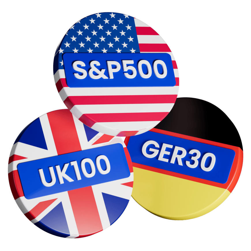 标普 500 、英国 富时100 和德国 30 股票指数标识的 3D 示意图