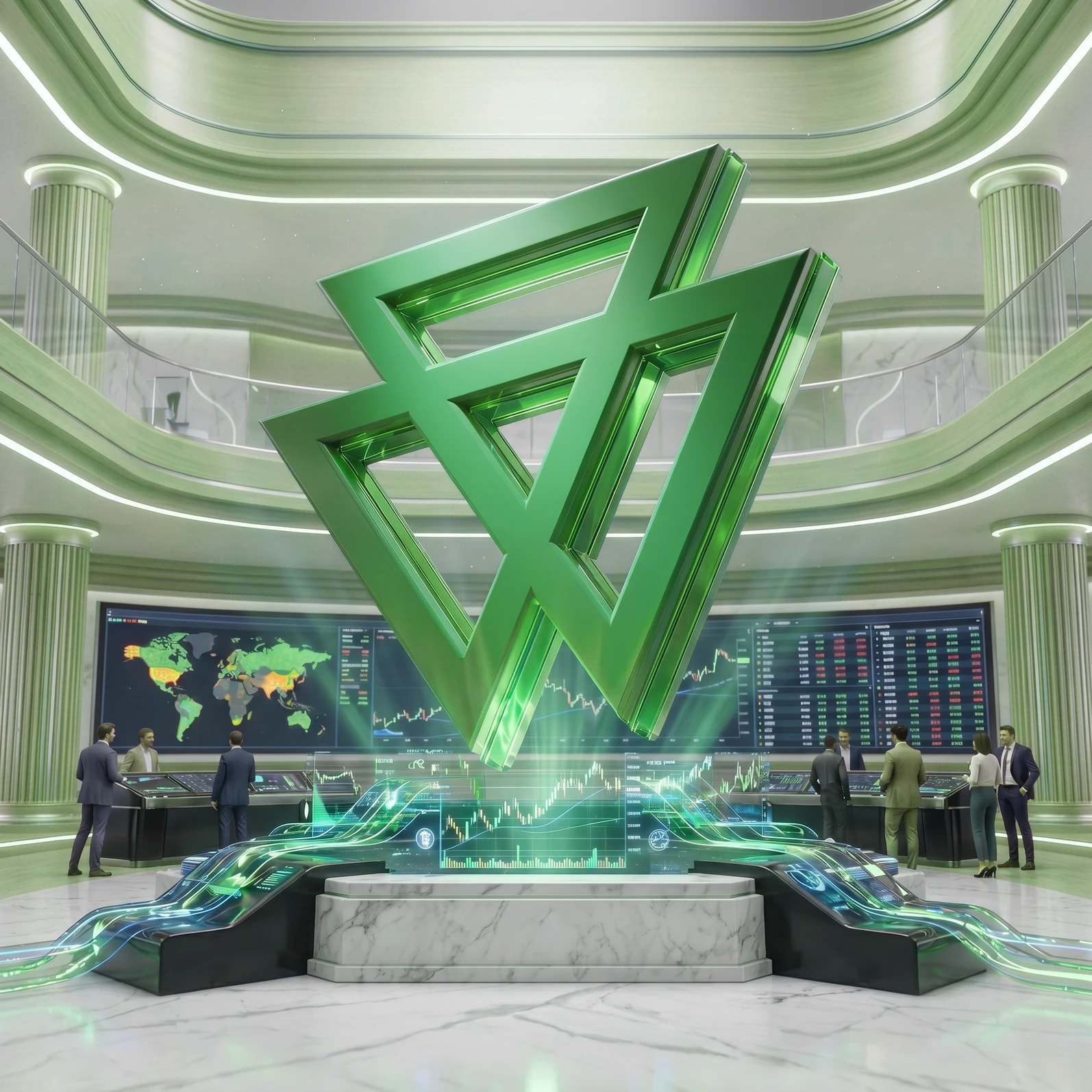 CXM 交易中心——绿色 CXM 标识从市场大厅上方升起